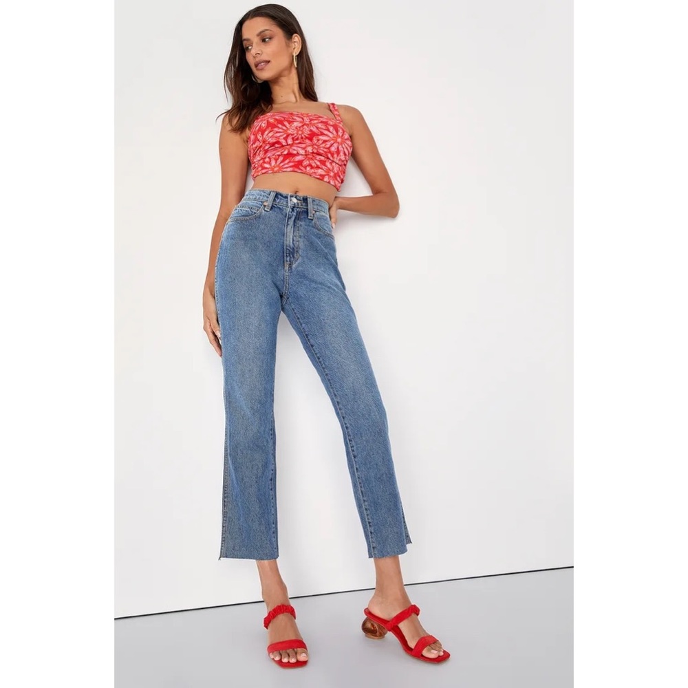 Popular Aesthetic Medium Wash Straight Leg High Rise Jeans